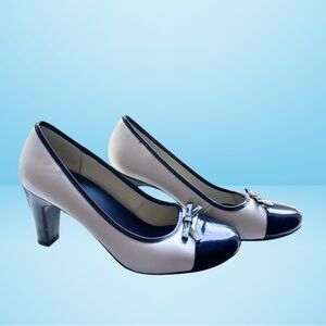 Black & White w/patent toe Chunky Heel Pump 7